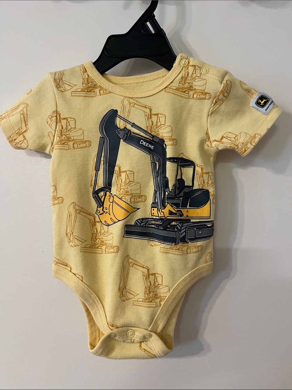 John Deere Yellow and Black Excavator Print Baby Bodysuit 6/9M